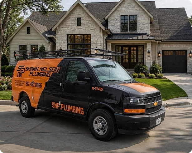 A Shawn Nelson Plumbing van is parked on a suburban street in front of a large, modern stone house.